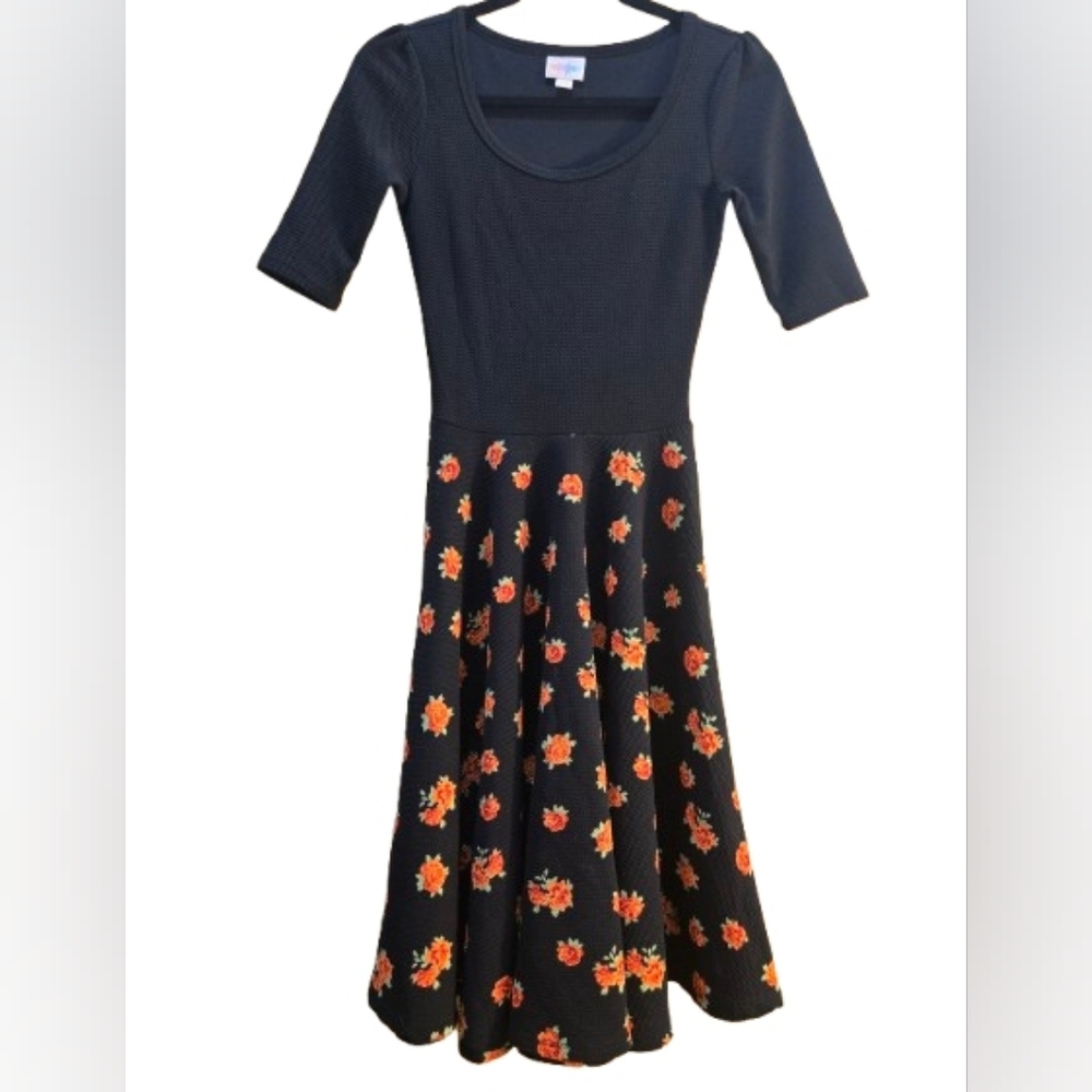 LuLaRoe XXS Black and Orange Floral Midi Dress With‎ A Line Skirt